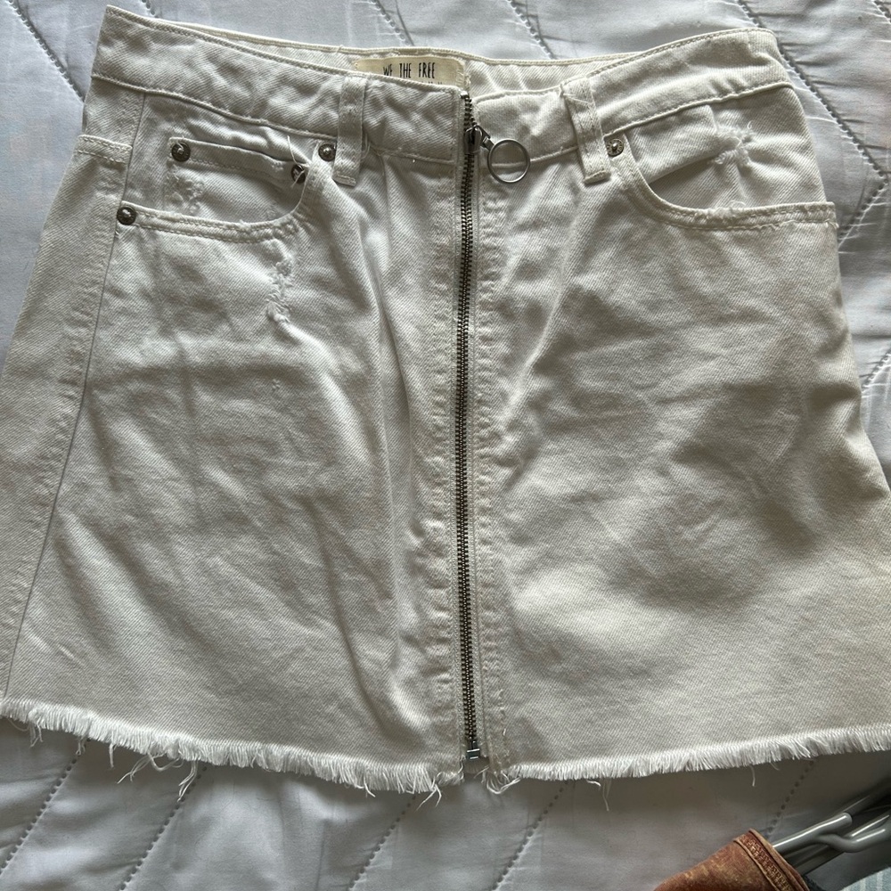 White Denim Mini Skirt with Front Zipper